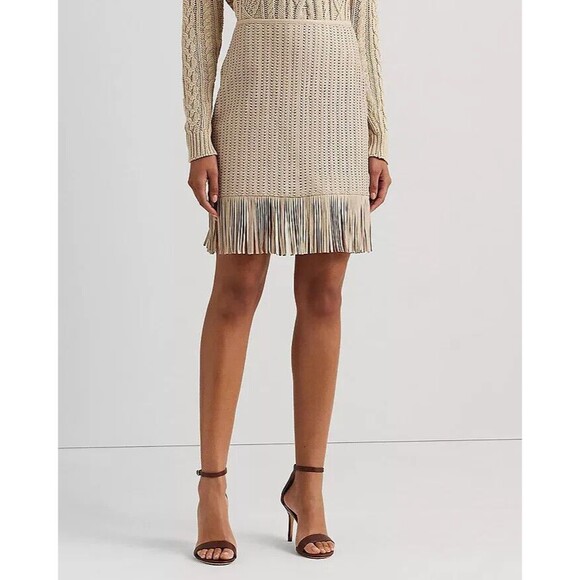 NWT $595 Ralph Lauren SKIRT Fringe Trim Woven Leather Pencil 100% LAMB LEATHER - Picture 3 of 14